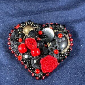 Handcrafted Black & Red Beaded Heart Brooch Pin With Floral & Beaded Accents